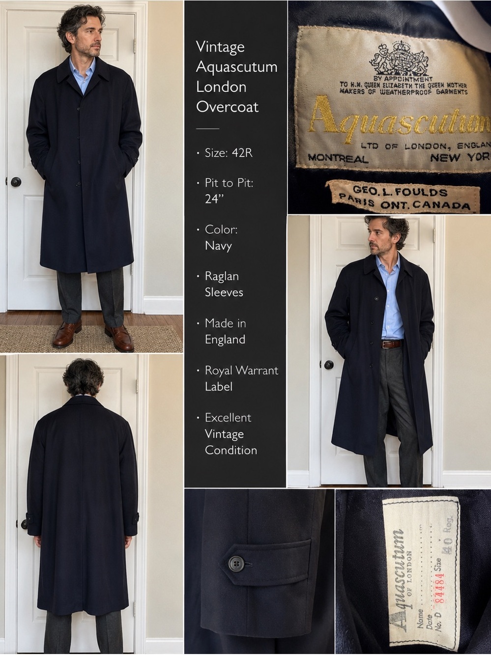 Vintage Aquascutum London Navy Overcoat 42R | Royal Warrant | British Topcoat